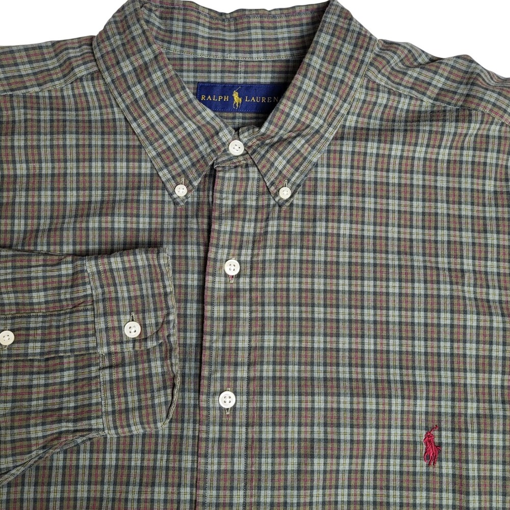 Ralph Lauren‎ Mens 2XB Big Long Sleeve Green Plaid Button Down Red Pony Logo